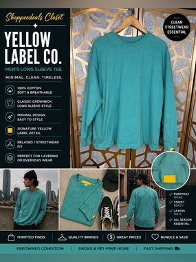 Yellow Label Co Men’s Long Sleeve Tee Teal Minimal Streetwear Cotton